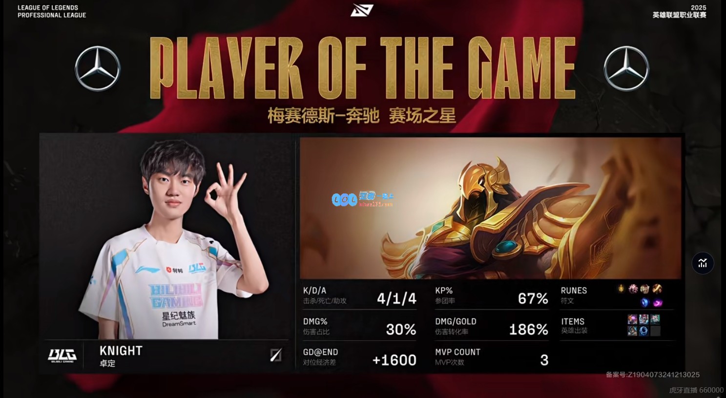 Knight凭借沙皇表现夺得4/1/4战绩,荣膺BLG与LNG决战第三局MVP