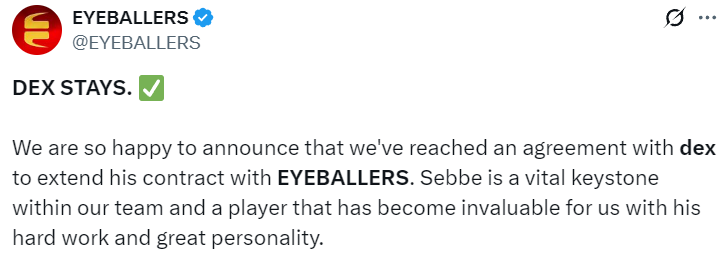 官宣：EYEBALLERS与队内选手dex完成续约