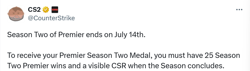 CS2：PremierS2赛季将于7月14日结束