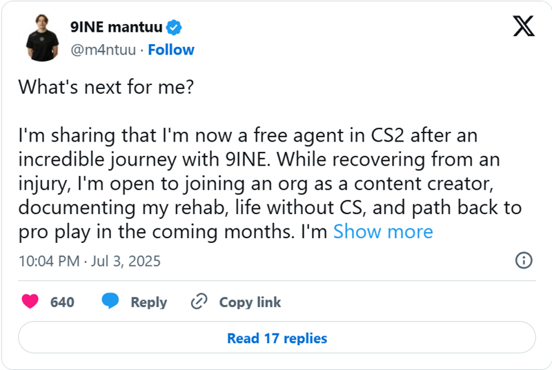 mantuu离开9INE：我保证很快就会为下一章做好准备