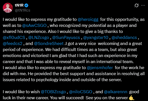 tN1R发文告别HEROIC：很高兴我的职业生涯中有这样一段经历