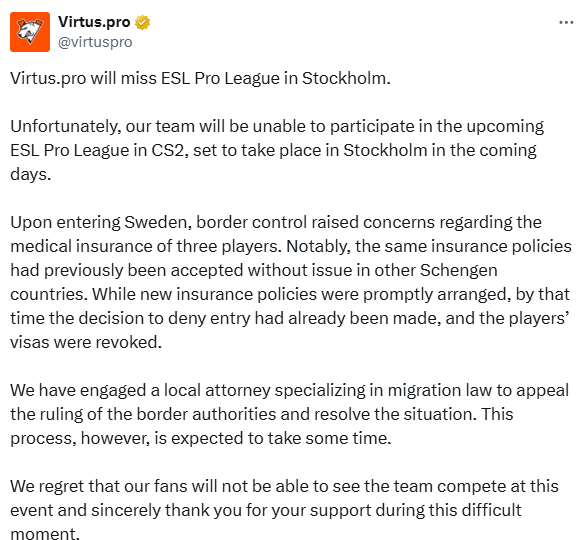 签证问题致VP缺席EPL,或因此错失布达佩斯Major参赛资格