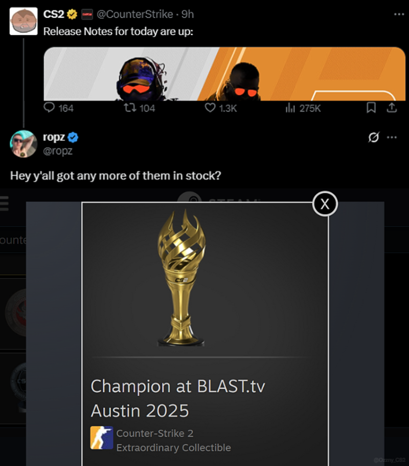 ropz提醒V社:别忘了发Major奖杯