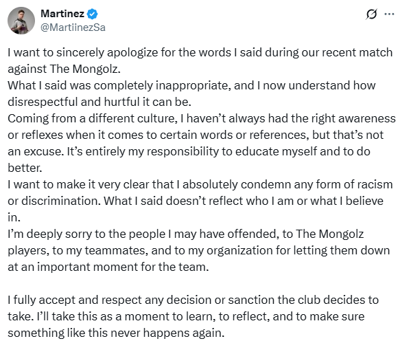 MartinezSa在比赛中对蒙古队员发表不当言论,赛后致歉