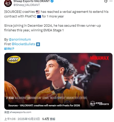 外媒爆料：crashies已与FNC达成口头协议，合同延长1年