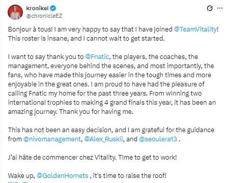 Chronicle：过去这三年FNC一直是我的家，这个决定也非易事