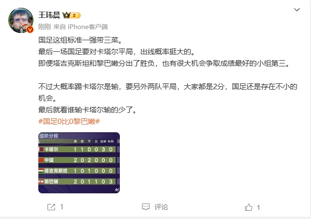 体坛周报记者：国足这组标准一强带三菜，就看谁输卡塔尔输的少了