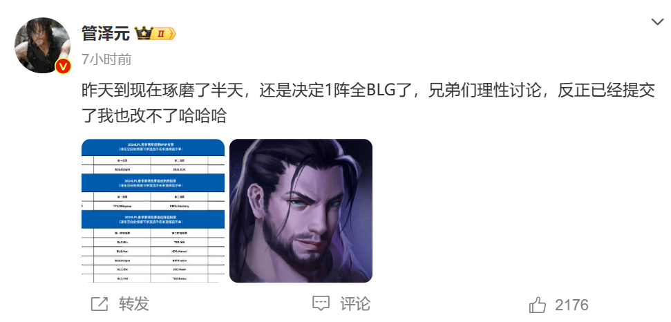 管泽元公布最佳阵容投票：BLG全员评选一阵！仅打野位存在争议
