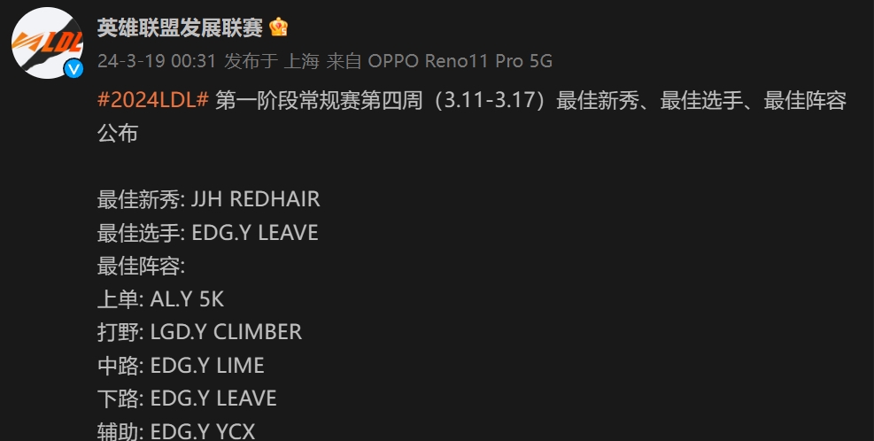 要不来LPL再试一下？LDL第四周最佳选手Leave EDG.Y中下辅进最佳阵容