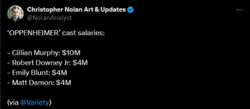 《奥本海默》四大主演片酬曝光：奥斯卡最佳男配得主唐尼仅400万美元