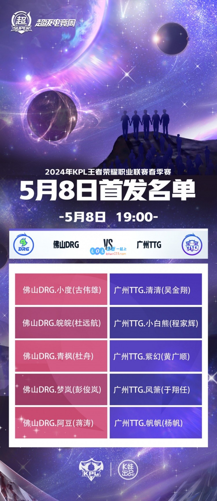 佛山DRG vs 广州TTG今日首发：小度对线清清 梦岚交手风箫