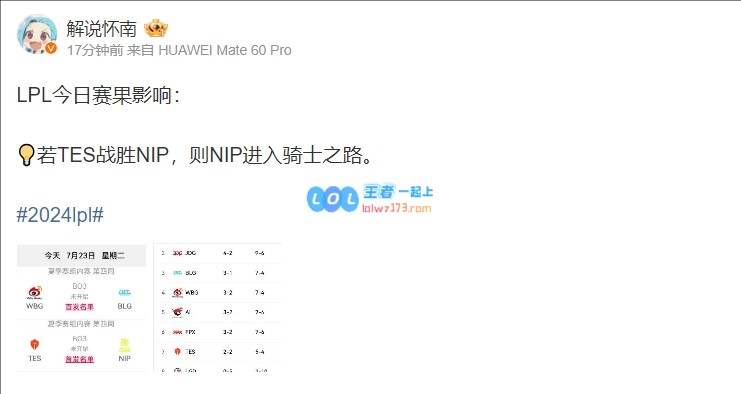 解说怀南发布今日赛果影响：若TES战胜NIP，NIP进入骑士之路