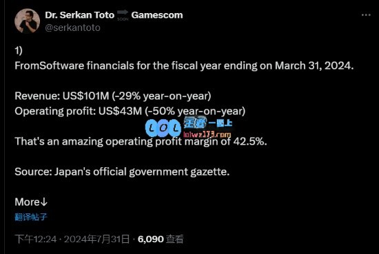 FS社收入较同期下降了29%原因是《艾尔登法环》在22年取得的成功