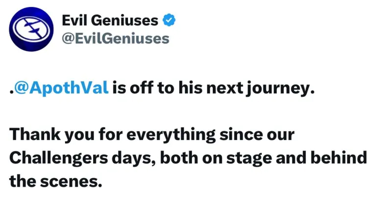 EvilGeniuses官宣：Apoth正式告别EG战队，踏上新职业旅程