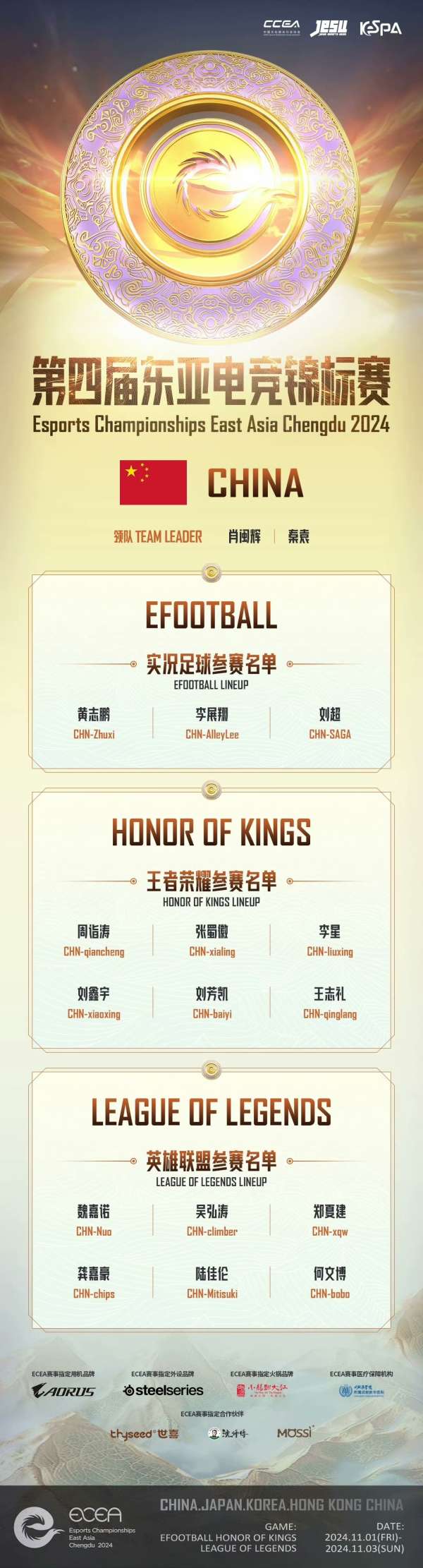 东亚电竞锦标赛梦泪担任中国队领队，钎城率领王者项目
