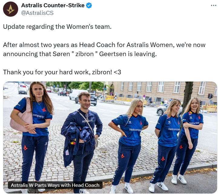 官宣：Astralis女队与教练zibron分手