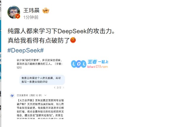 王玮晨遭DeepSeek点评几近崩溃?：流量奴还自称网络意见领袖