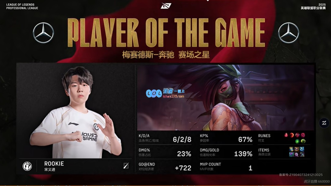 这把真拼了！Rookie次局阿卡丽精彩切入力挽狂澜战绩6/2/8获得本赛季首次MVP