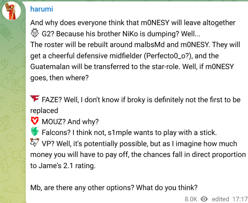harumi：为什么大家都觉得m0NESY会离开G2？