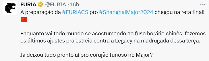 FURIA发布动态：为上海Major的准备工作已进入最后阶段