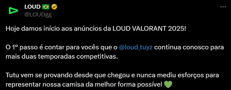 LOUD官宣人员变动信息：与tuyz选手续约两年