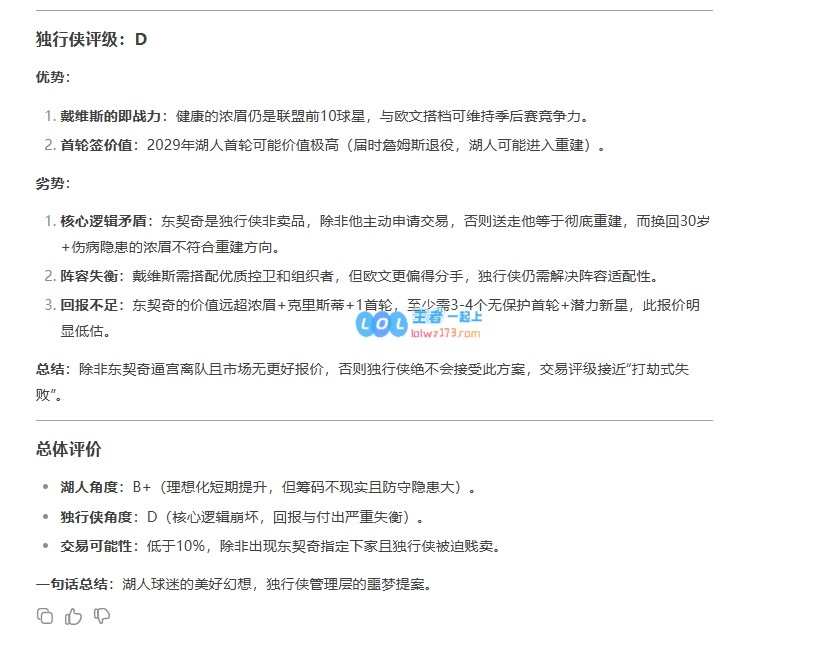 AI无法超越人类！DeepSeek解读湖侠交易：独行侠D级湖人球迷的美丽梦幻