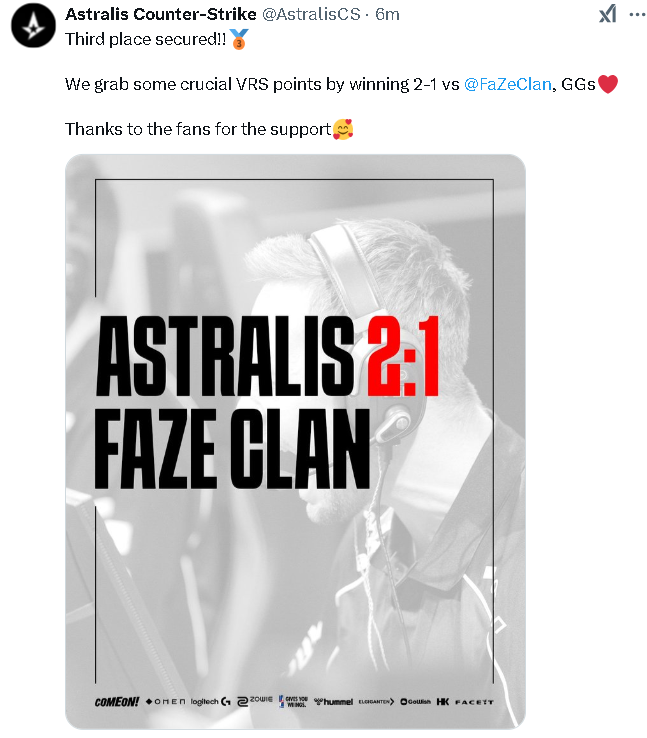Astralis击败FaZe夺得PGL季军赛后双方动态一览