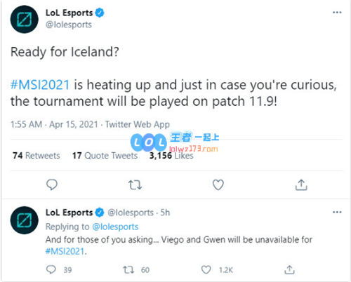 LOL官方Twitter确认：MSI将使用11.9版本佛耶戈与格温不可参加比赛