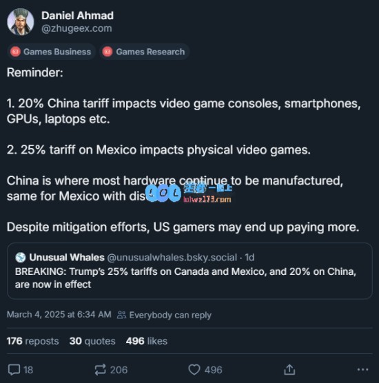专家预计美国新关税将导致游戏行业成本上升：游戏主机价格将持续上涨