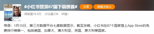 小红书在87国下载榜夺魁引发微博热议网友纷纷表示：这真是大丰收的机会