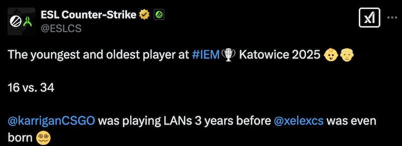 IEM卡托维兹站参赛选手最大年龄差：karrigan与xelex相差18岁