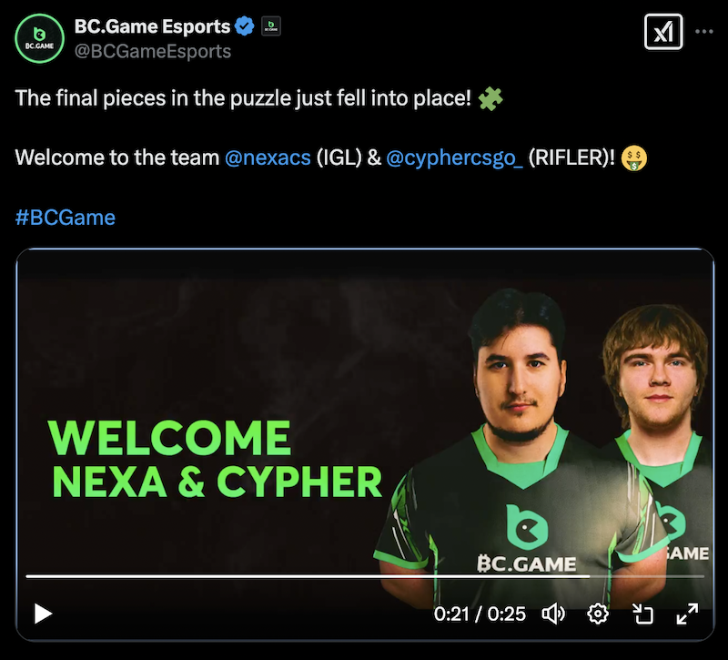 官宣：nexa与CYPHER加入BC.Game，CacaNito、Lekr0被下放