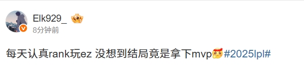 在学说斌道话后，ELK更加努力每日认真rank，轻松玩转EZ，最终意外收获了MVP的辉煌成就