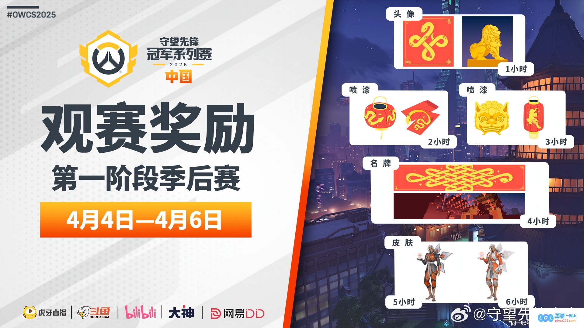 守望先锋中国赛区季后赛精彩打响在即！观赛玩家将可获得丰厚游戏内道具奖励，千万不要错过！