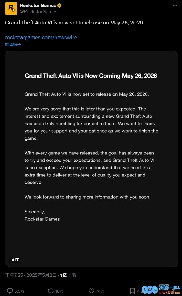 热度爆表！《GTA6》跳票公告引发全网热议，浏览量迅速突破亿次，成顶流话题！