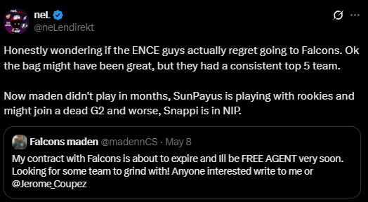 neL：我在想老ENCE那一批人是否会后悔当初去了Falcons战队