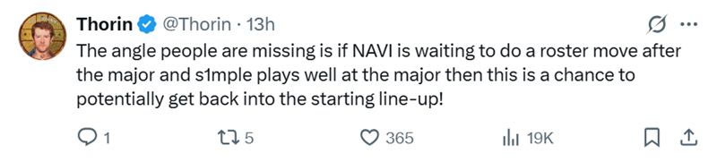 Thorin：s1mple有机会回到NAVI担任首发