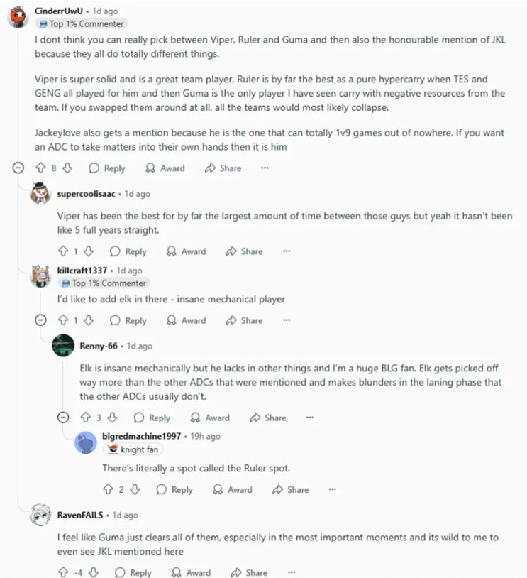 Reddit热议谁是近五年世界第一ADC：论ViperJKLElkGumaRuler