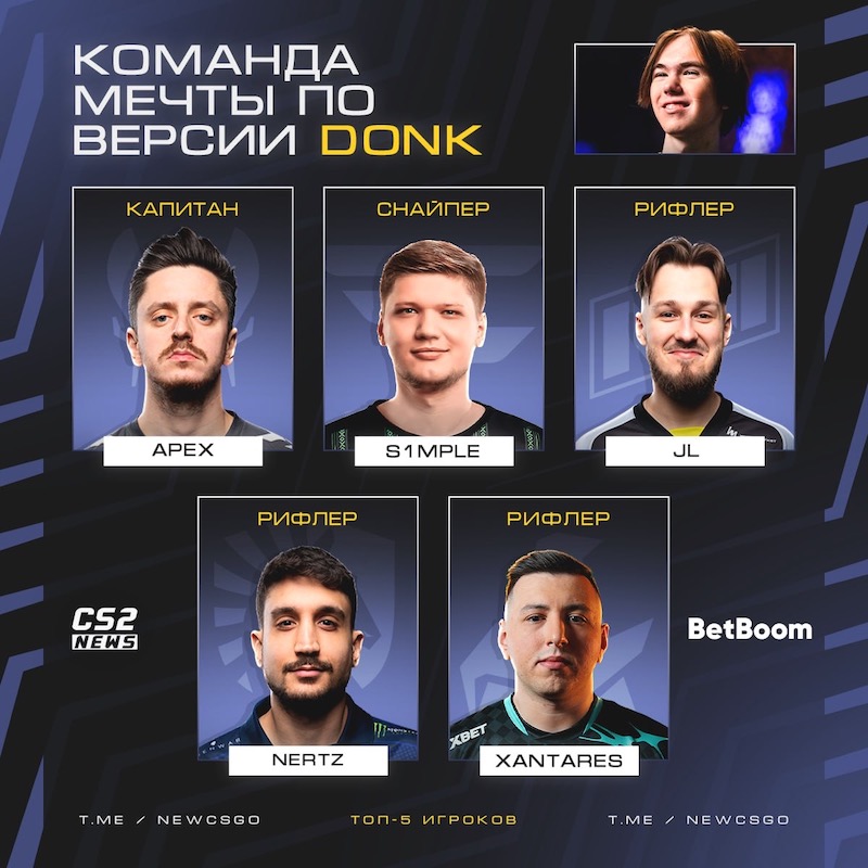 donk分享梦之队阵容：s1mple狙击手，apEX指挥