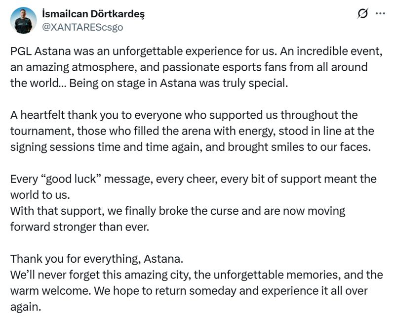 XANTARES：PGL阿斯塔纳对我们而言是一段难忘的体验