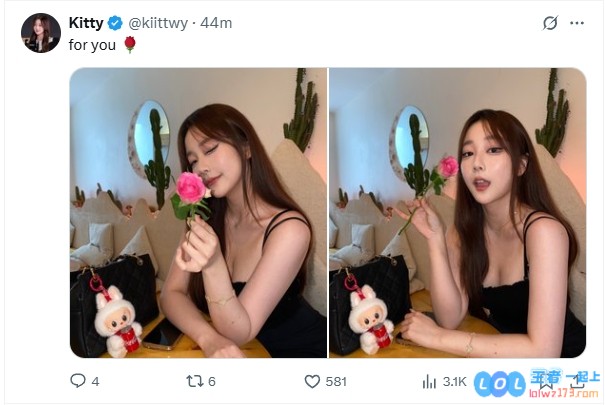 前英文流解说Kitty在社交媒体上更新了她的精美自拍，附文：“这朵绚丽的花是温暖送给你的哦?~”