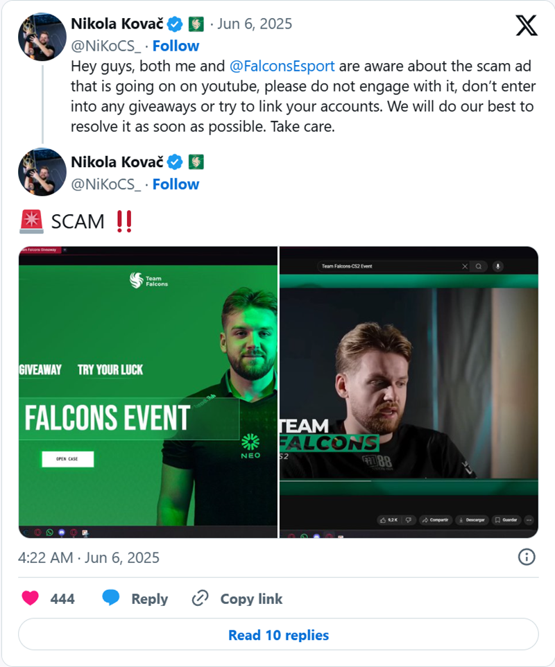 Falcons及NiKo提醒粉丝警惕油管虚假抽奖活动