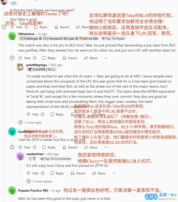 Reddit论坛热议AL战胜BLG：Tarzan劫MSI上得到尊重Tabe就是神！