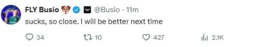 FLY辅助Busio：可惜就差那么一点点，我下次一定会做更好，成长不止步，追逐梦想的旅程