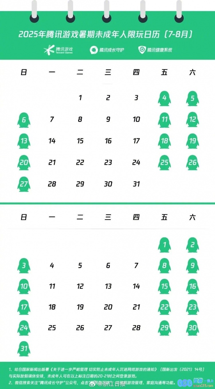 腾讯游戏发布未成年人暑假限玩日历：限玩游戏不超过27小时，守护青少年健康成长之路