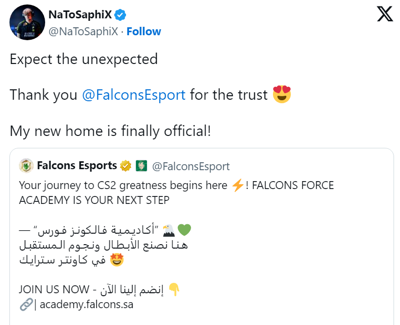 官宣：Falcons签下NaToSaphiX担任新青训队教练
