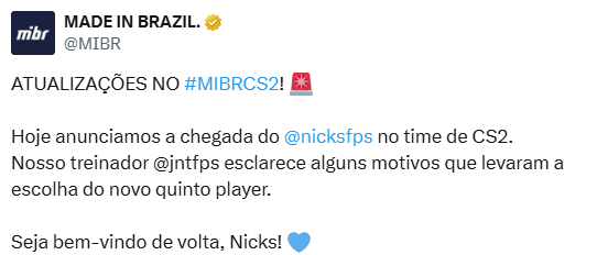 官宣：MIBR签下nicks