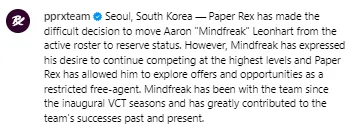 PRX：Mindfreak移至替补，但允许他以受限制自由人身份寻队