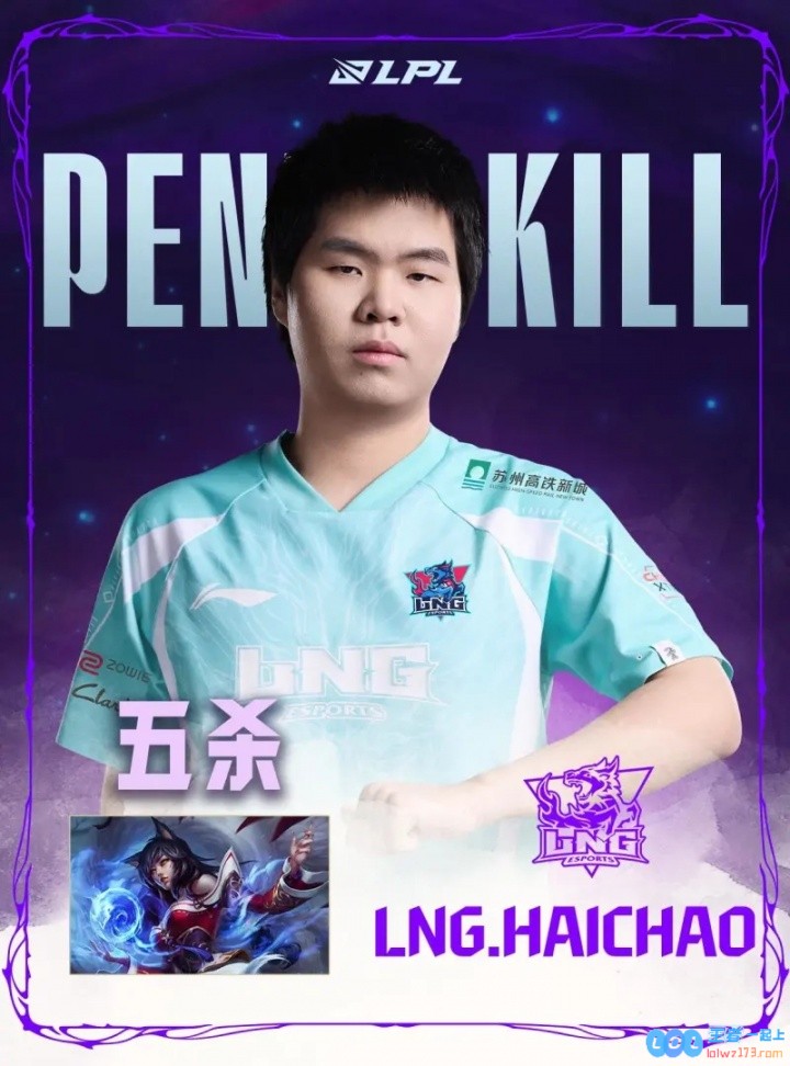 haichao选手使用阿狸拿到五杀，LPL职业生涯第一个五杀，展现非凡实力！