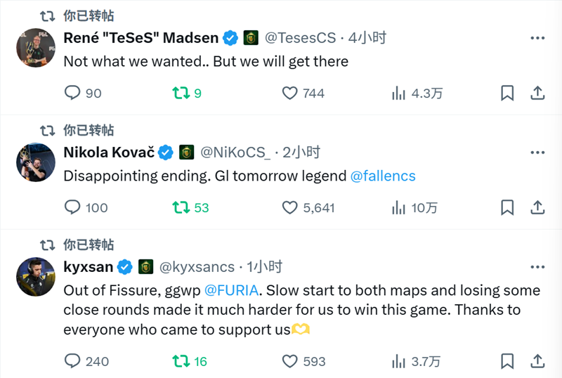 Falcons赛后动态NiKo：令人失望的结局